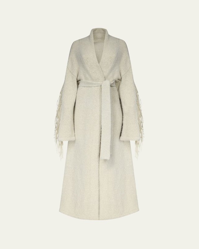 x Henry Zankov Lanza Fringed Shimmer-Knit Long Cardigan